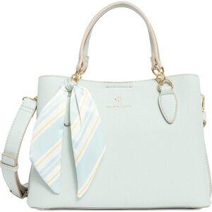 Chic Blue Satchel with Gold Hardware and Scarf Accent